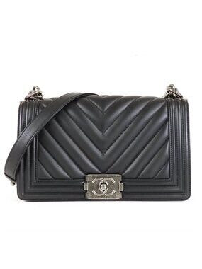 Chanel Boy Black Silver Lambskin Stitch Chain Shoulder Bag